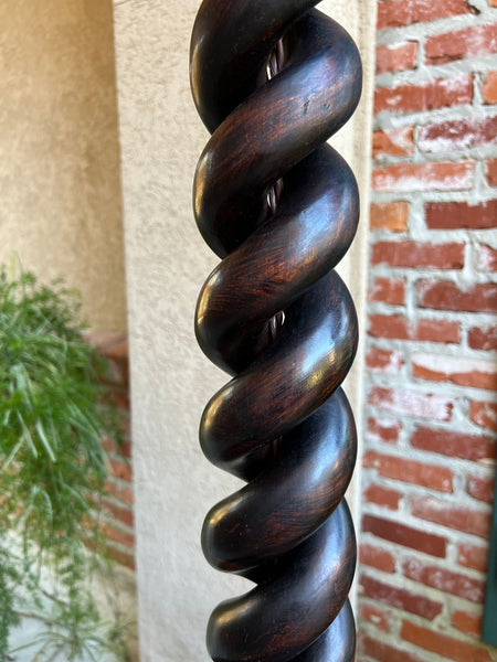 Antique English Carved Oak Floor Lamp OPEN Barley Twist w Round End Table c1920