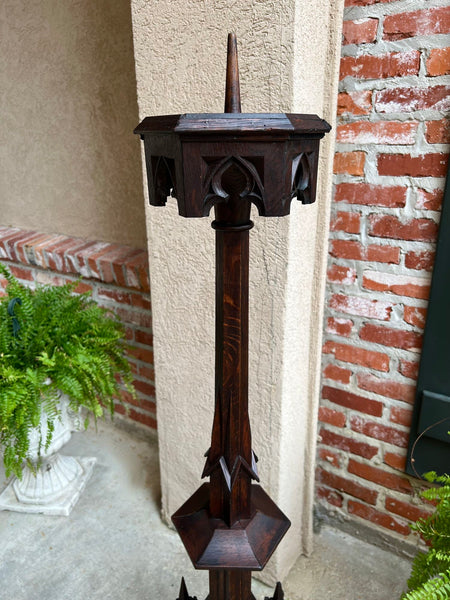 Antique French Gothic Revival Cathedral Spire Candlestick Pricket Carved Oak