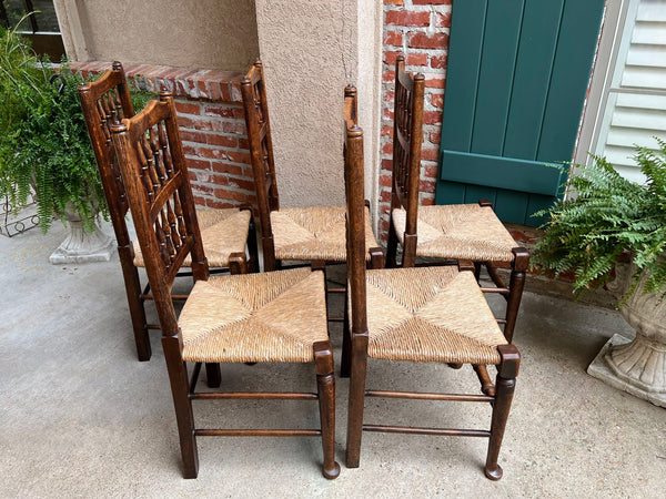 Set 5 Vintage English Oak Dining Side Chairs Rush Seat Lancashire Spindle Back