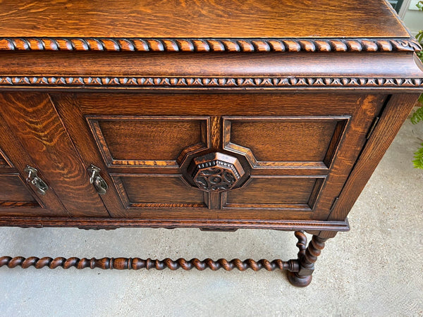 Antique English Sideboard Server Buffet BARLEY TWIST Carved Tiger Oak Jacobean