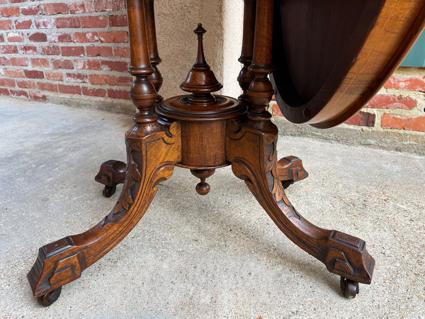 Antique English Center Breakfast Table Burl Walnut Tilt Top Inlaid Oval c1890
