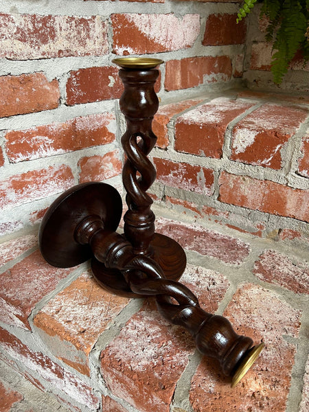 PAIR Set Antique English Oak OPEN Barley Twist Candlesticks Candle Holder Brass