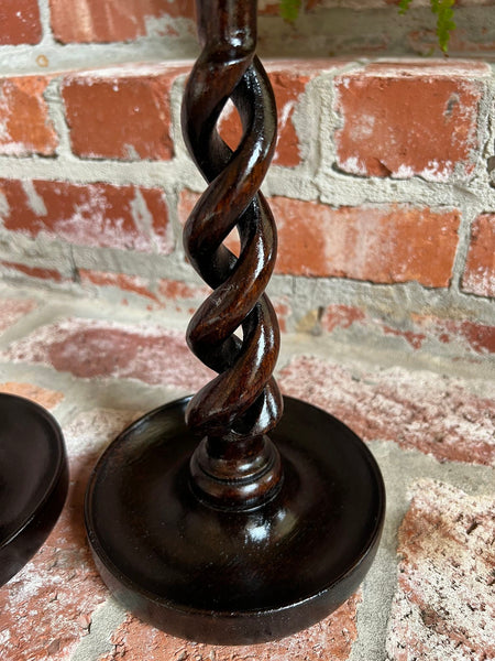 PAIR Set Antique English Oak OPEN Barley Twist Candlesticks Candle Holder Brass