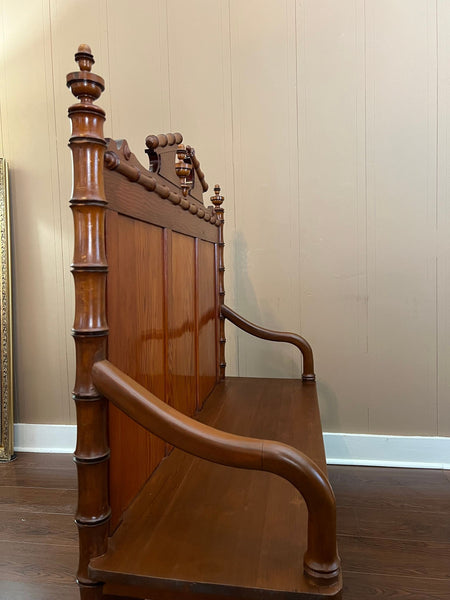 Antique English Faux Bamboo Pine Hall Bench Victorian High Back Settle c1890