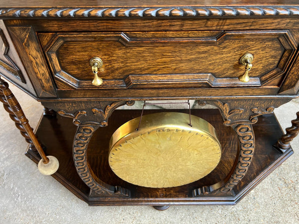 Antique English Console Hall Table Jacobean Carved Oak Barley Twist Gong c1880