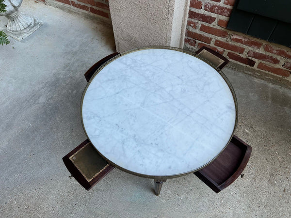 Antique French Round Bouillotte Side Table White Marble Louis XVI Style Gueridon