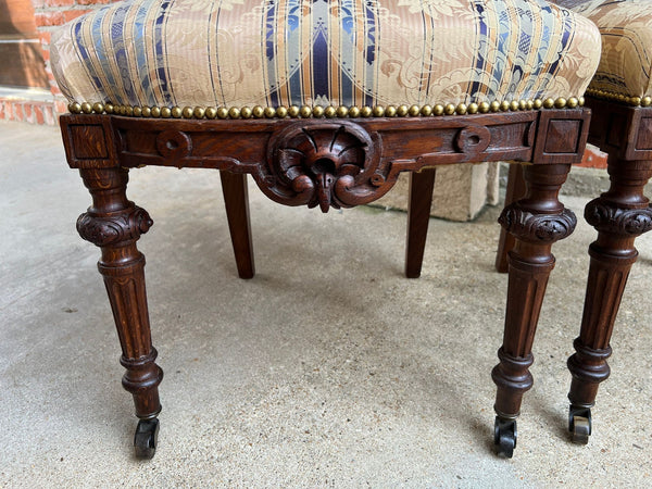 Pair Antique French Dining Chairs Renaissance Carved Oak Black Forest c1880