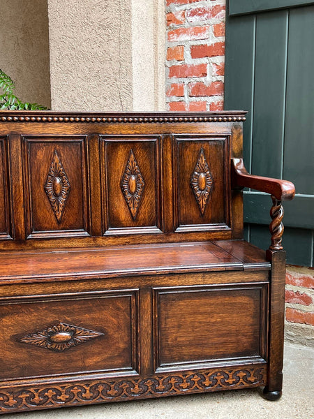 Antique English Hall Bench Carved Oak Barley Twist Jacobean Lift Top Settee