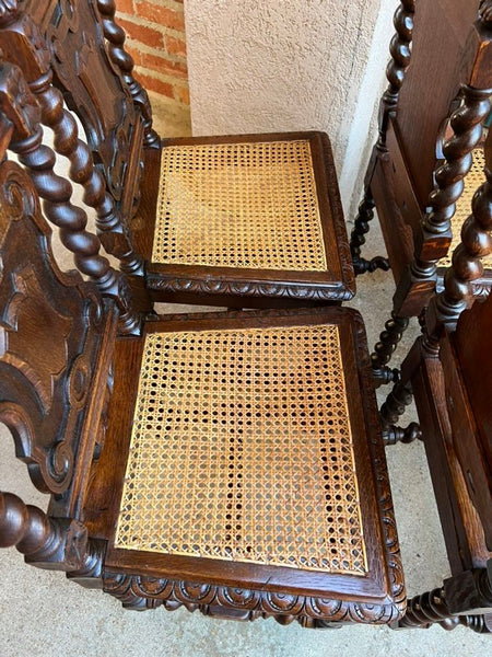 Set 4 Antique French Dining Chairs Barley Twist Cane Seat Carved Oak c1920