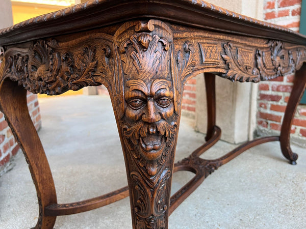 Antique French Center Library Table Louis XV Carved Oak Rococo Parquetry c1890