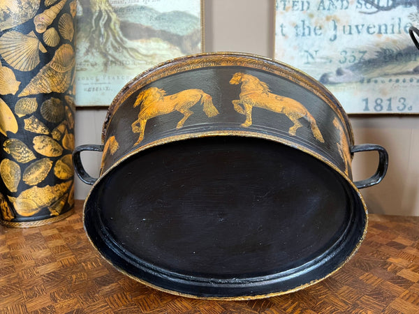Antique English Planter Jardiniere Horse Equine Black Decoupage Tole Metal c1900