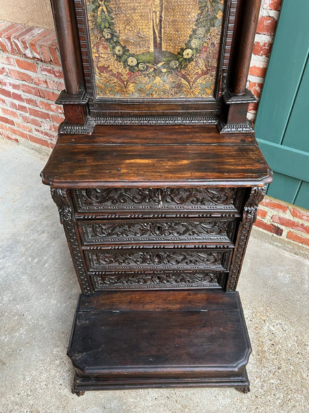 Antique French Gothic Devotional Cabinet Religious Painting Carved Oak Kneeler