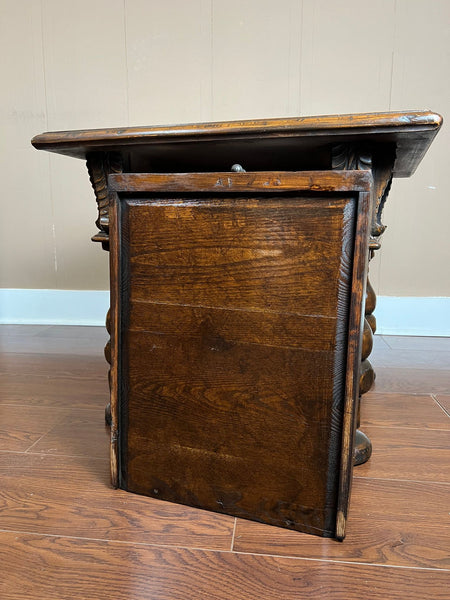 Antique English Side End Table Small Square Carved Oak Jacobean Revival c1910