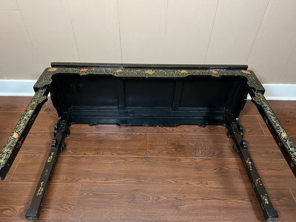Vintage Chinese Console Table Black Lacquer Chinoiserie Gilt Hand Painted c1950