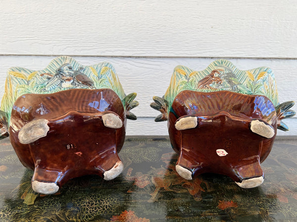 PAIR Antique French Majolica Jardinières Insect Musician Cache Pot Planter c1880