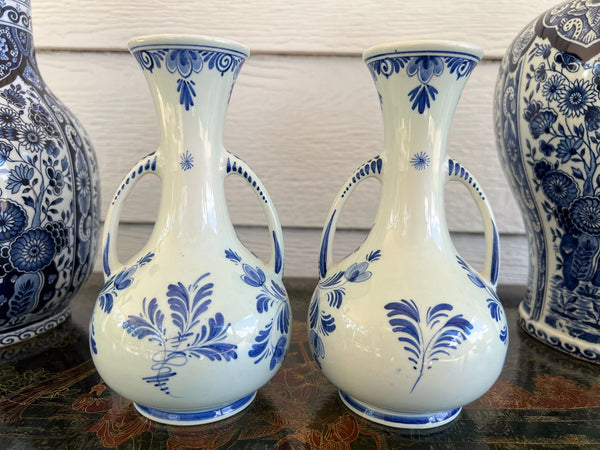 PAIR Petite Vintage Delft Vases Blue & White Windmilll Hand Painted Bud Vases
