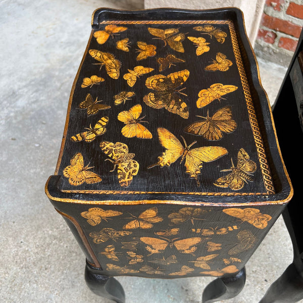 PAIR French Bedside Cabinets Chinoiserie Butterfly Gilt Lacquer Tables