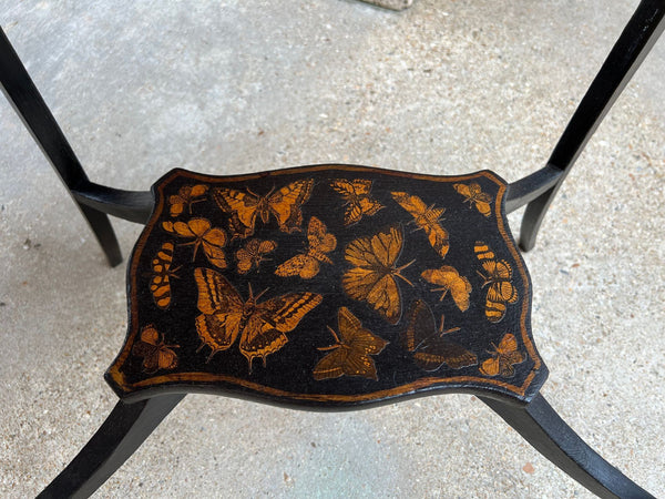 Vintage French Side Table Chinoiserie Butterfly Black Lacquer Hollywood Regency