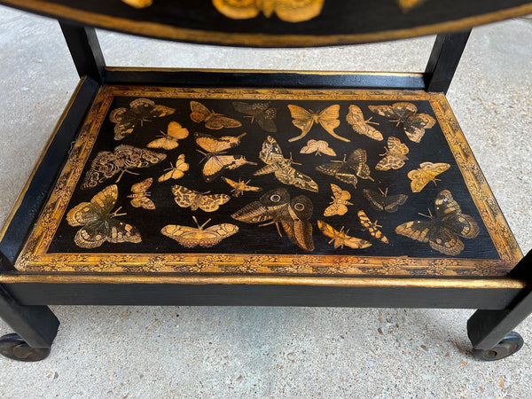 Vintage English Bar Cart Trolley Drop Leaf Chinoiserie Butterfly Lacquer Table