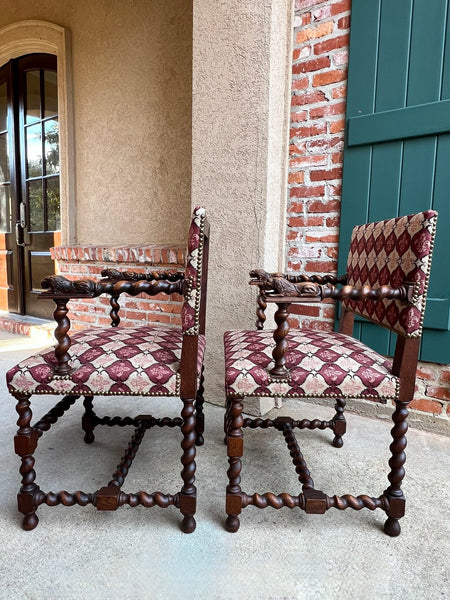 Pair SET Antique French Arm Chair Barley Twist Oak Renaissance Lion Fleur De Lis