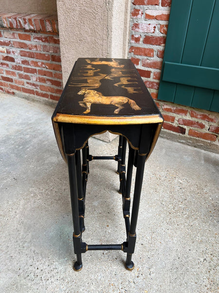 Antique English Drop Leaf Side Table Horse Equestrian Chinoiserie Petite Oak
