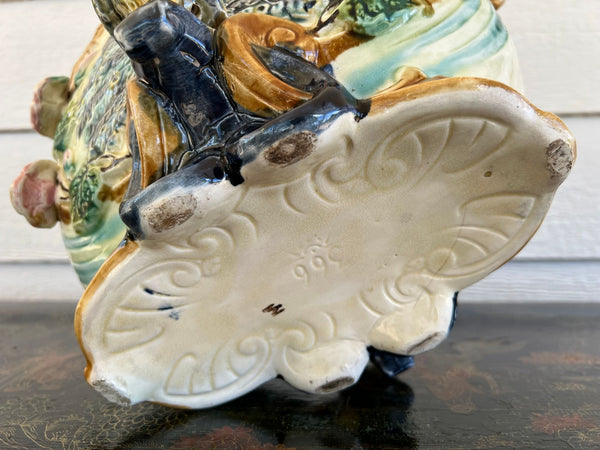 Antique French Majolica Jardinière Planter Peacock Onnaing Large Cache Pot c1880
