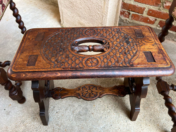 Antique French Bench Stool Gothic Renaissance Carved Oak Trestle Fleur de lis