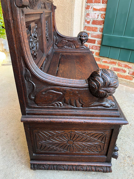 Antique French Hall Bench Breton Brittany Small Settee Carved Oak Lion Pew