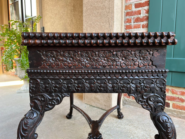 Antique Foyer Hall Table British Colonial Carved Wood Leather Flip Top Burmese