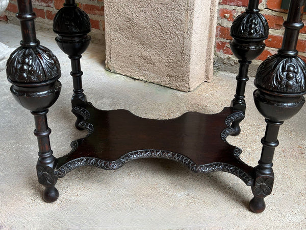 Antique English Side Sofa Table Ebonized Carved Oak Baroque Two Tier Tudor