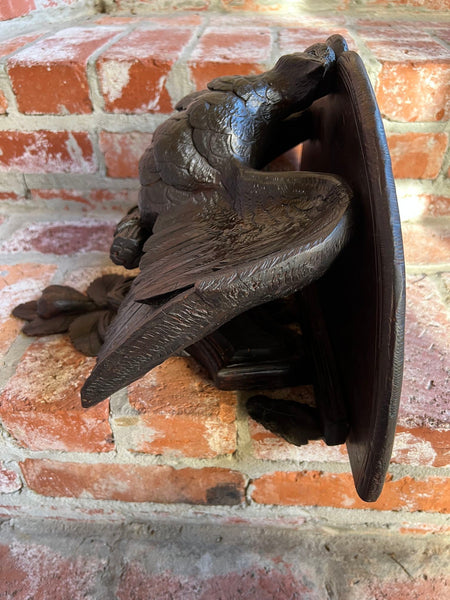 Antique French Wall Shelf Corbel Carved Eagle Black Forest Statue Wood c1880