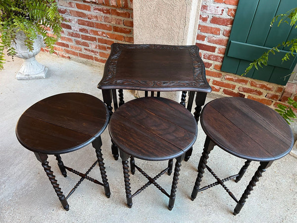 SET 4 Antique French Drop Leaf Nesting TABLE BARLEY TWIST Folding End Carved Oak