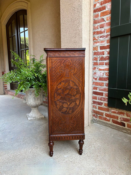 Antique English Victorian Wellington Chest of Drawers Campaign Carved Oak