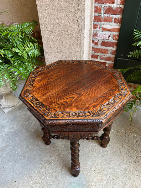 Antique French Octagon Sofa Table Carved Oak Barley Twist Louis XIII Renaissance