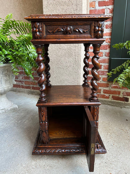 Antique French Side End Table Cabinet BARLEY TWIST Carved Oak Renaissance Marble