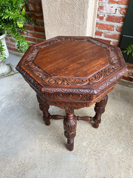 Petite Antique French Octagon Center Side TABLE Renaissance Carved Oak