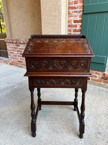 Antique English Slant Front Desk Display Stand Jacobean Carved Tiger Oak Lectern