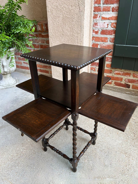 Antique English Square Table Plant Stand Jacobean BARLEY TWIST Cabinet Dark Oak