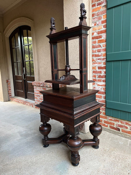 Antique English Book Press Table Renaissance Carved Oak Ebonized Cabinet c1880