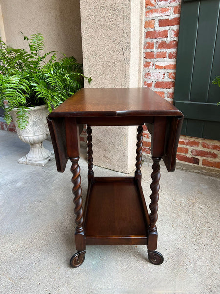 Antique English Tea Trolley Drinks Cart Barley Twist Dumbwaiter Drop Leaf Table