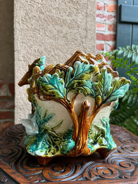 Antique French Majolica Barbotine Jardinière Hunt Stag Onnaing Cache Pot Planter