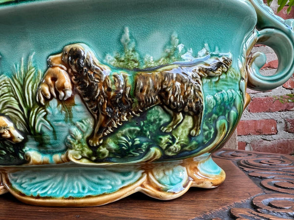 Antique French Majolica Barbotine Jardinière Hunt Dog Onnaing Cache Pot Planter