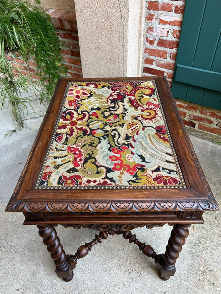 Antique French Sofa Table Writing Desk Barley Twist Carved Renaissance Tapestry