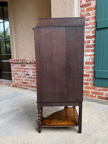 Antique English Tiger Oak Corner Cabinet Barley Twist Jacobean Arts & Crafts