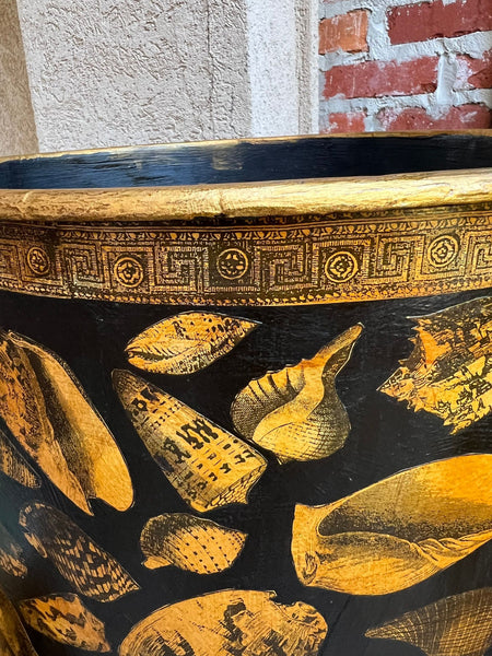 LARGE Antique English Planter Cachepot Black Metal Lacquer SHELL Decoupage c1890