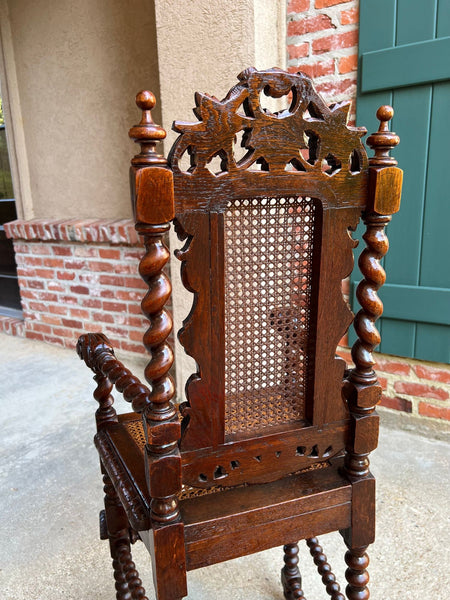 Antique French Child High Chair Renaissance Barley Twist Carved Oak Caned c1890