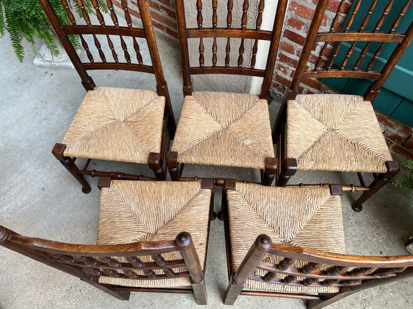 Set 5 Vintage English Oak Dining Side Chairs Rush Seat Lancashire Spindle Back