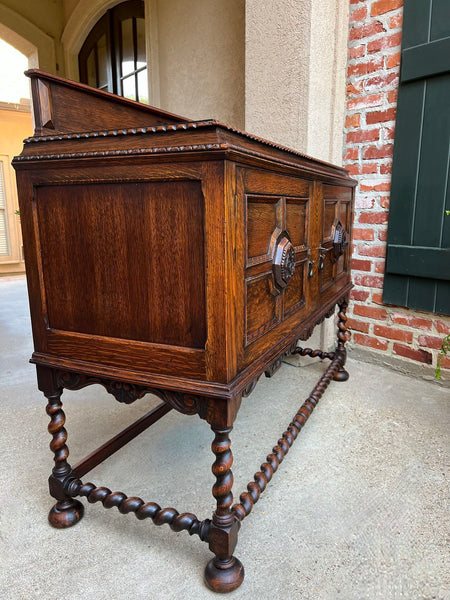 Antique English Sideboard Server Buffet BARLEY TWIST Carved Tiger Oak Jacobean