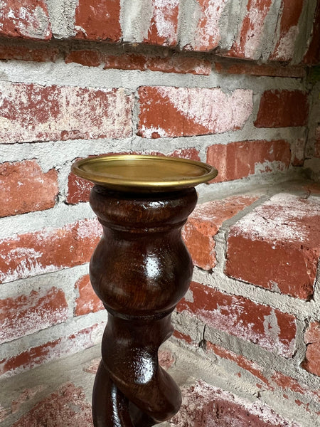 PAIR Set Antique English Oak OPEN Barley Twist Candlesticks Candle Holder Brass