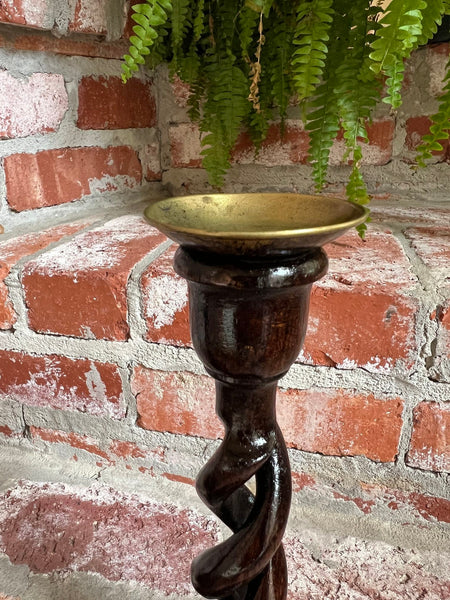 PAIR Set Antique English Oak OPEN Barley Twist Candlesticks Candle Holder Brass